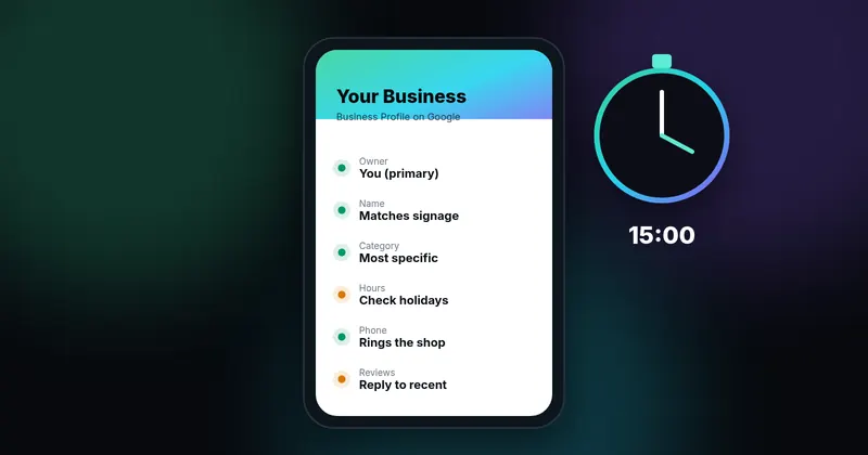 Illustration of a phone showing a Business Profile checklist next to a stopwatch reading 15:00