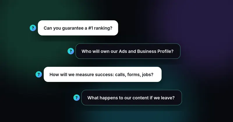 Illustration of chat bubbles with questions such as who owns our accounts and how success is measured